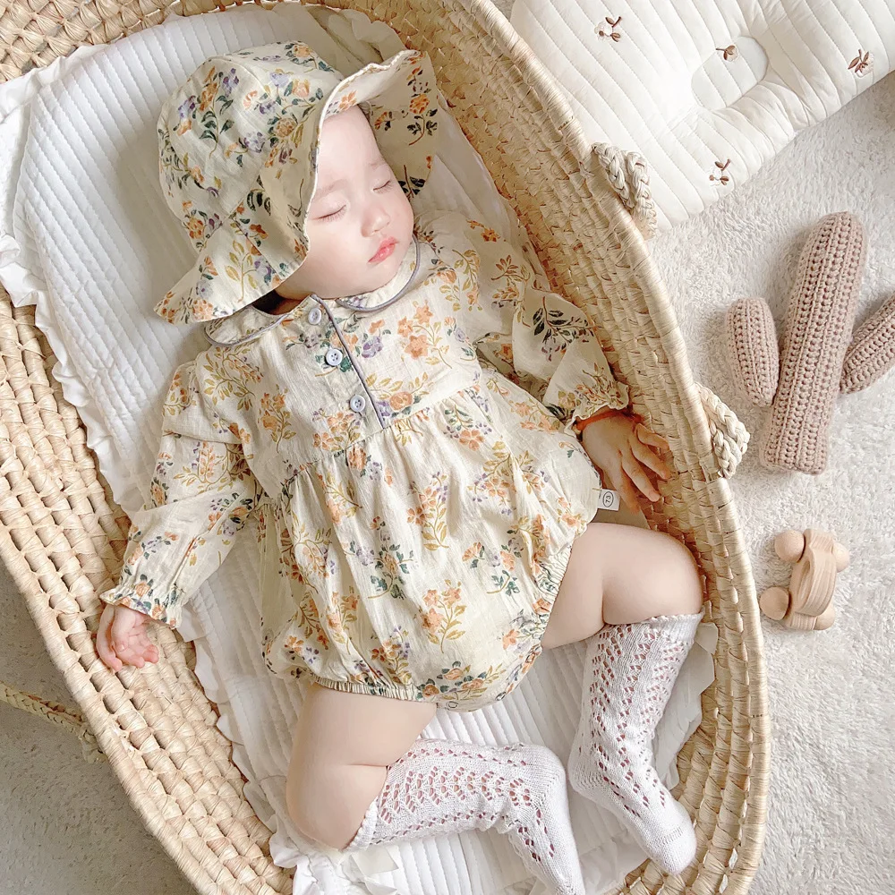Children 0-2 years old, spring 2021, baby girl, floral dolls, collar, long sleeves, crawling coat