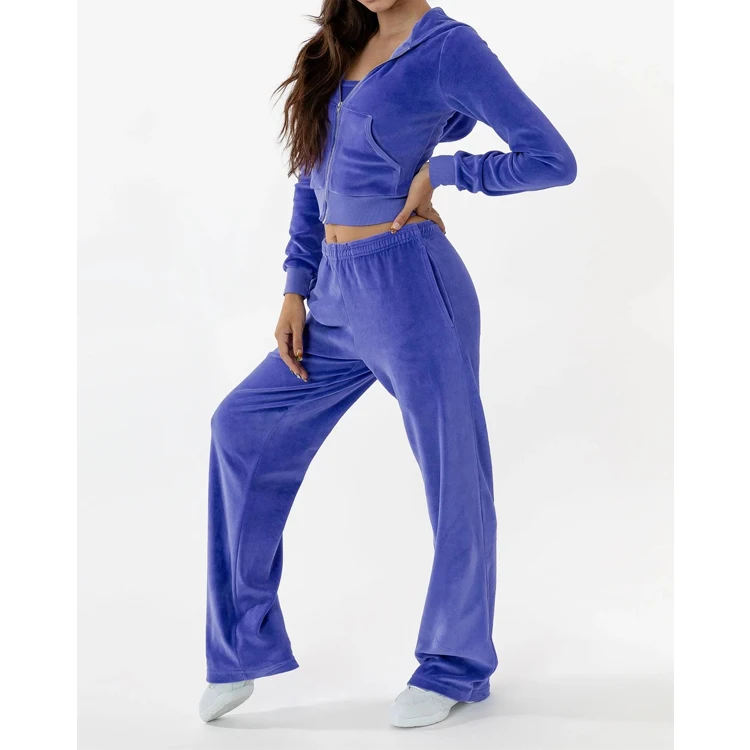 Conjuntos Para Mujeres Women Fall Winter Clothes 2 Piece Velour Tracksuit Rhinestone Hoodie Wide Leg Jogger Sweatsuit Velvet Set