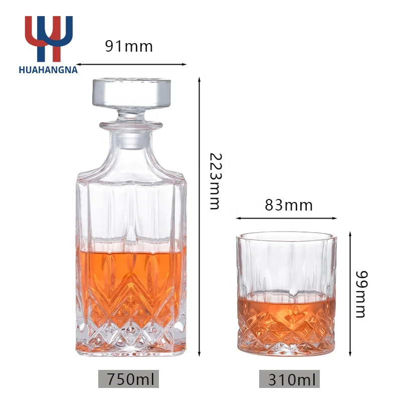 Huahang 5 Piece Crystal Square Bourbon Whiskey Decanter and Old Fashioned Rock Glass Set in Gift Box for Rum Scotch Whisky