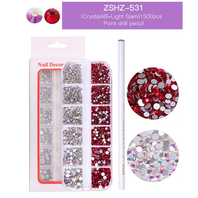 New 12 Grids Geometry Shiny Glass Crystal Rhinestones Nail Decoration Round Flat Back DIY Nail Art Crystals Jewelry +Dotting Pen
