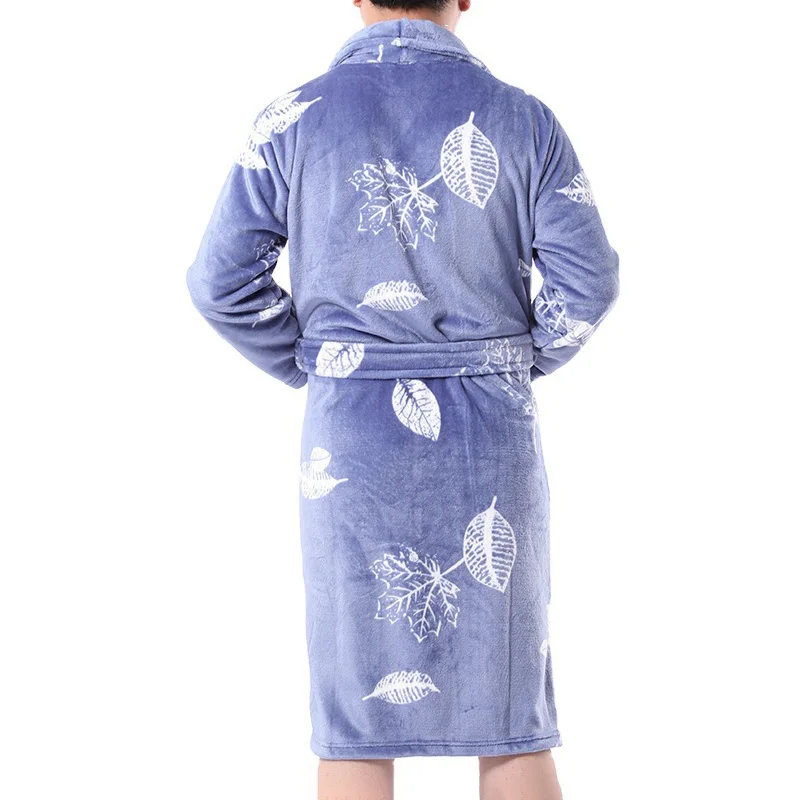 
high quality fashion white leaves printed drawstring flannel one piece sleepwear men luxury pajamas from china 