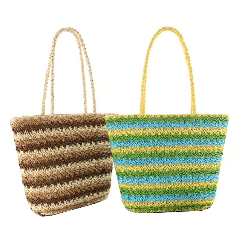 Niyang factory wholesale hot sale design handmade woven knitted stripe color for women fashion women paper straw tote bag