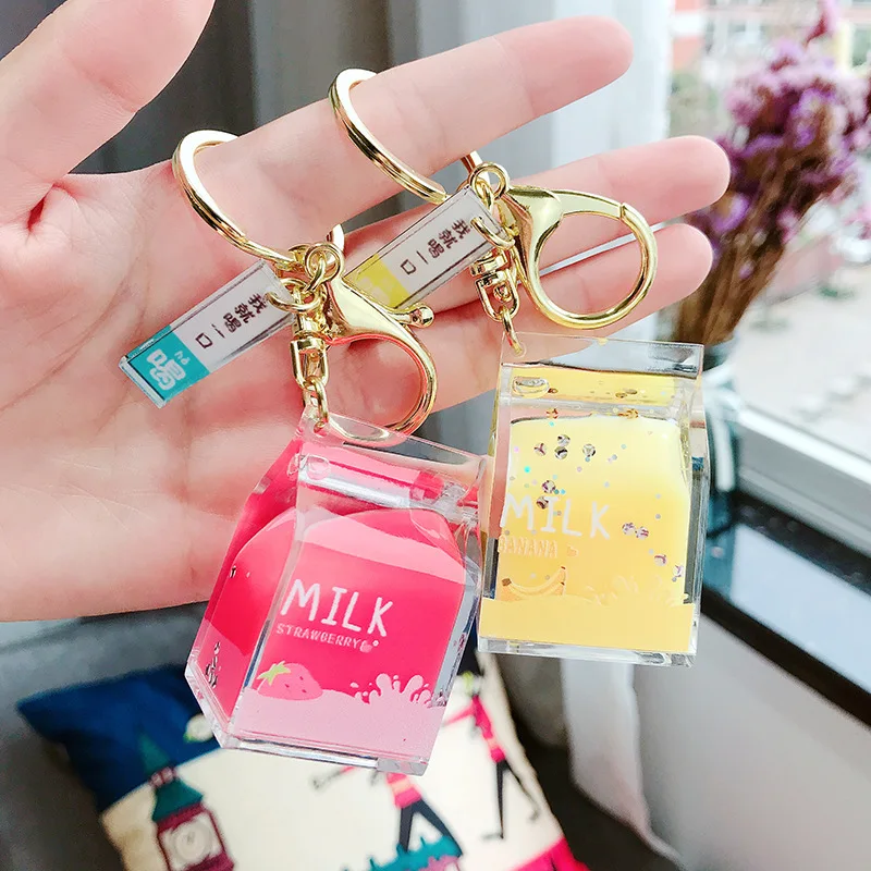 Ins Style Candy Color Cute Cubic Milk Case Shape Keychain Custom Acrylic Shaker Liquid Keychain