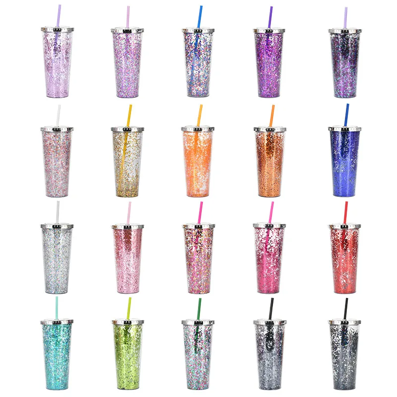 2022 new 24oz straw cup glitter water cup cold drink cup 20oz skinny tumbler clear double wall plastic with plating cover