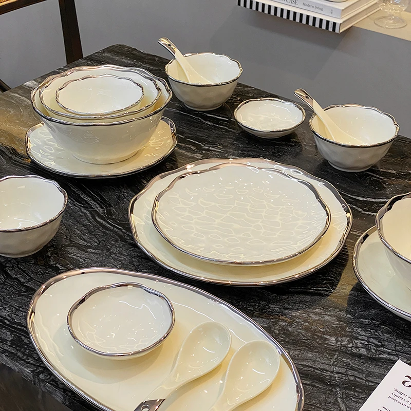 Chinese Porcelain Silver-edged Porcelain Tableware Cream-white Luxury Tableware Set Ceramic Soup Bowl Wedding Gift Plate
