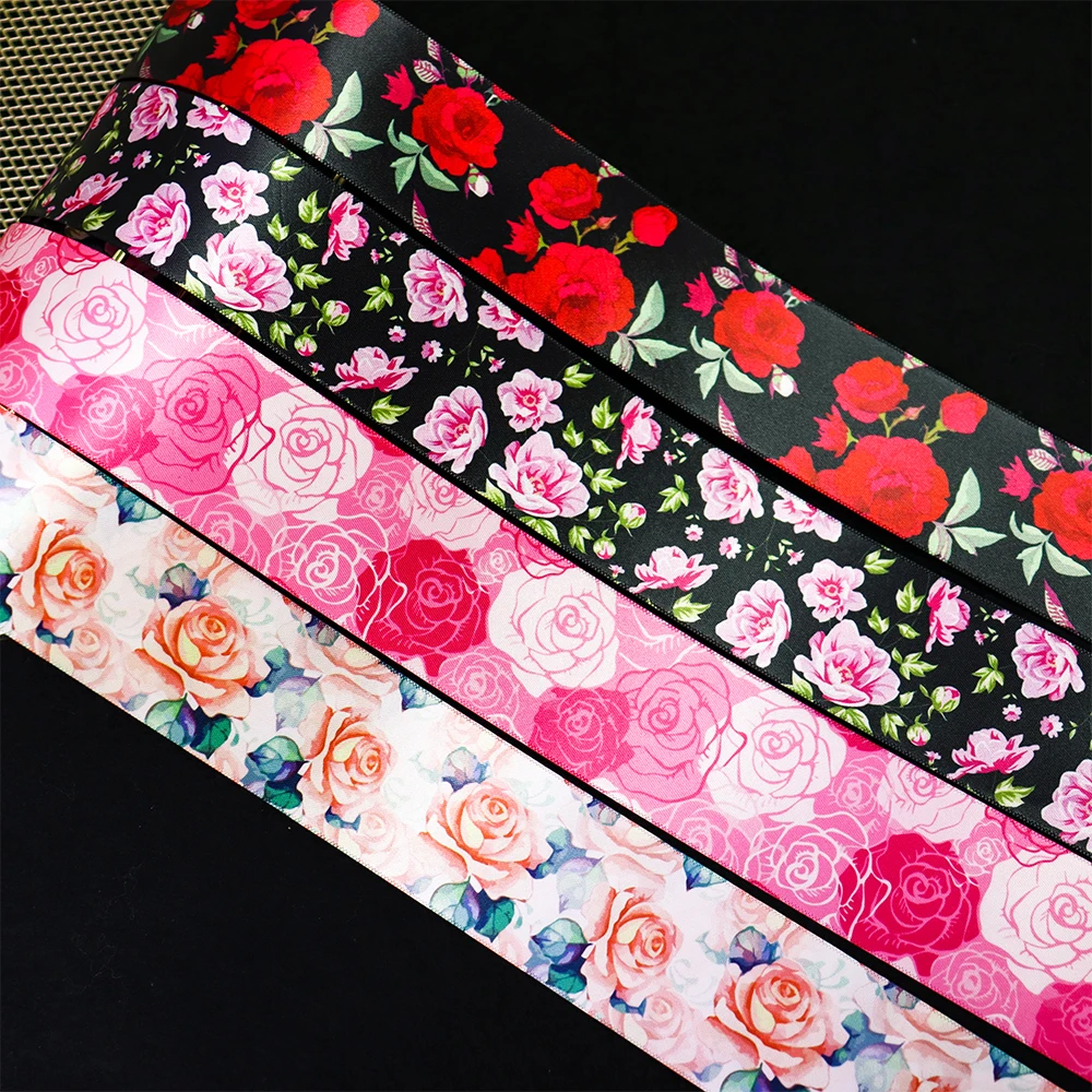 Hot Sale 1.5 inch Double Face Heat Transfer Flower Polyester Satin Ribbon 100 Yards