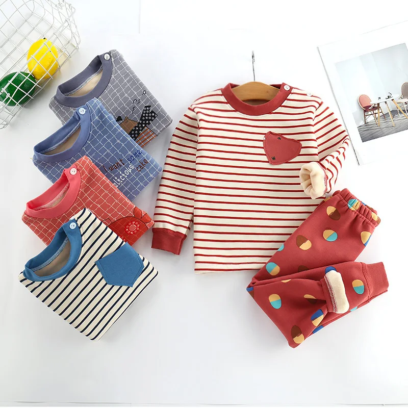 
Autumn/Winter Children Cotton Retro Super Soft Underwear Set Children Plus Plush And Thickened Hot Style Cartoon Set 