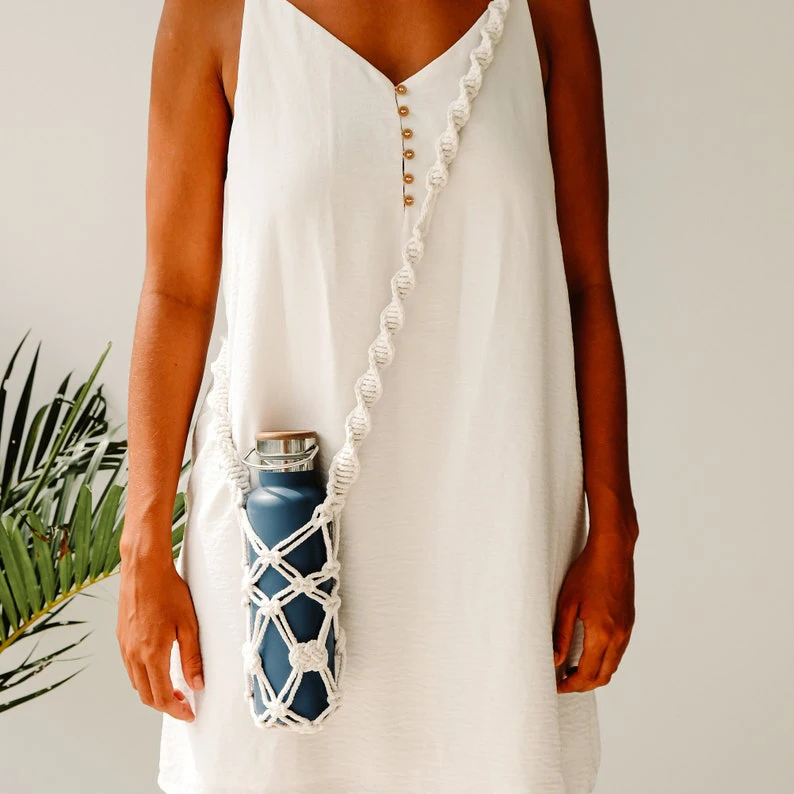 Chic Boho Gift for Wife Cotton Handmade Custom Macrame Carrier Bag Water Bottle Holder