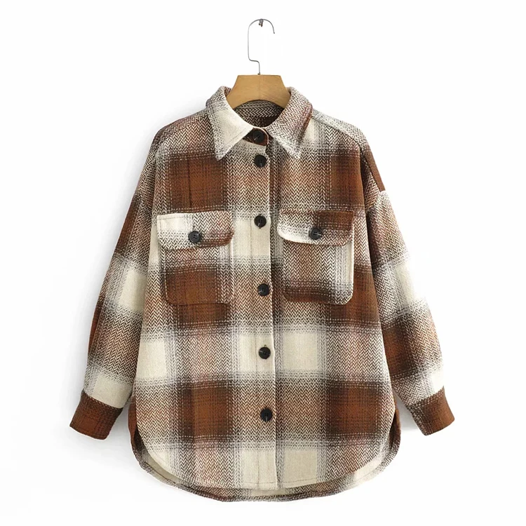 Корейский женский пиджак с отворотом и длинным рукавом, винтажная клетчатая Свободная Женская шерстяная рубашка средней длины, пальто, шикарные топы