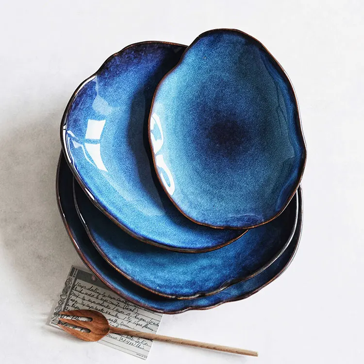 Chinese Direct wholesale reaction glaze ceramic Irregular deep plates dishes fancy restaurant and hotel crockery tableware