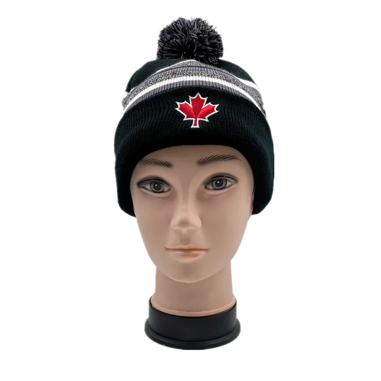 Wholesale Knitted Canada Flag Hat Custom Winter Embroidered Beanie Toque