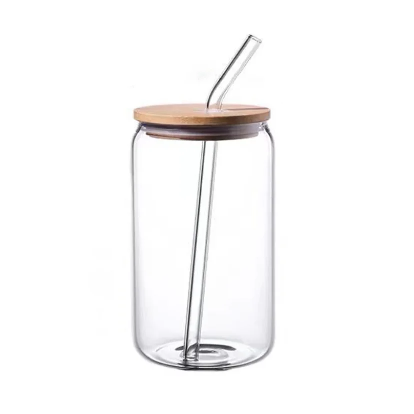 New Design Glass Beer Glasses With Straw Bamboo Lid 480ml 550ml Transparent Glass Cup For Wedding Party