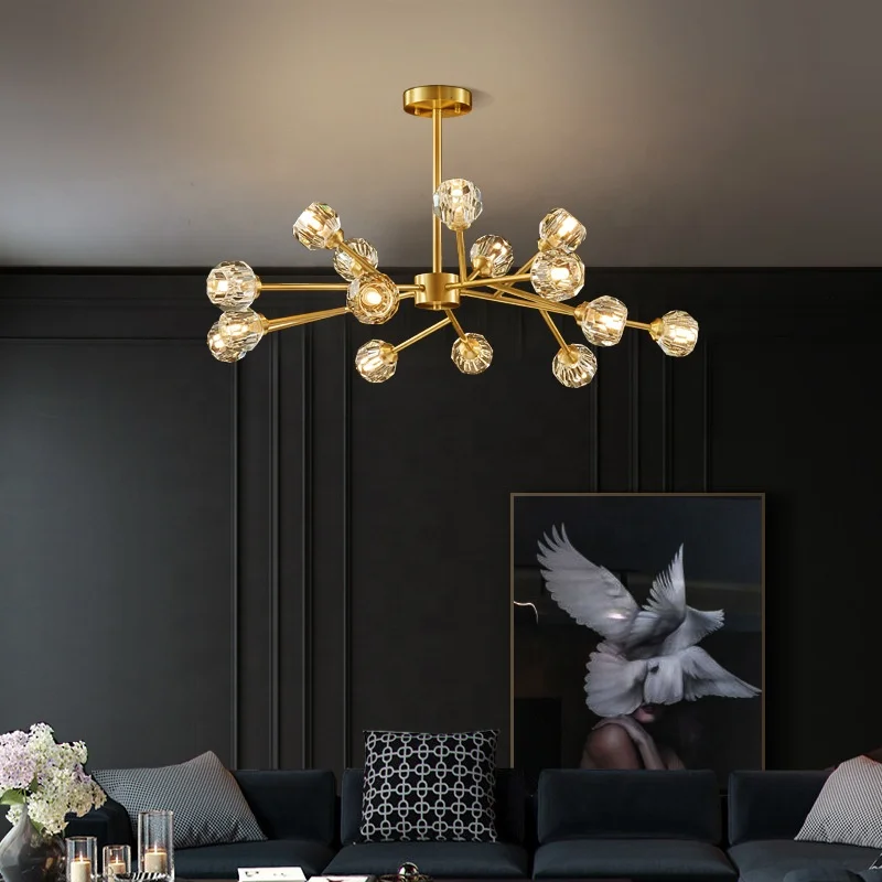  2021 hot-selling light luxury crystal living room chandelier full copper modern minimalist starry sky led molecular