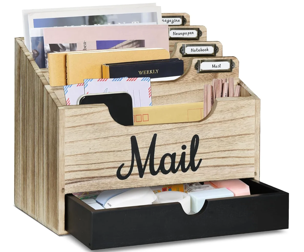 Wood Mail Holder Storage Organizer Box with Mail Script Design, Desktop Letters