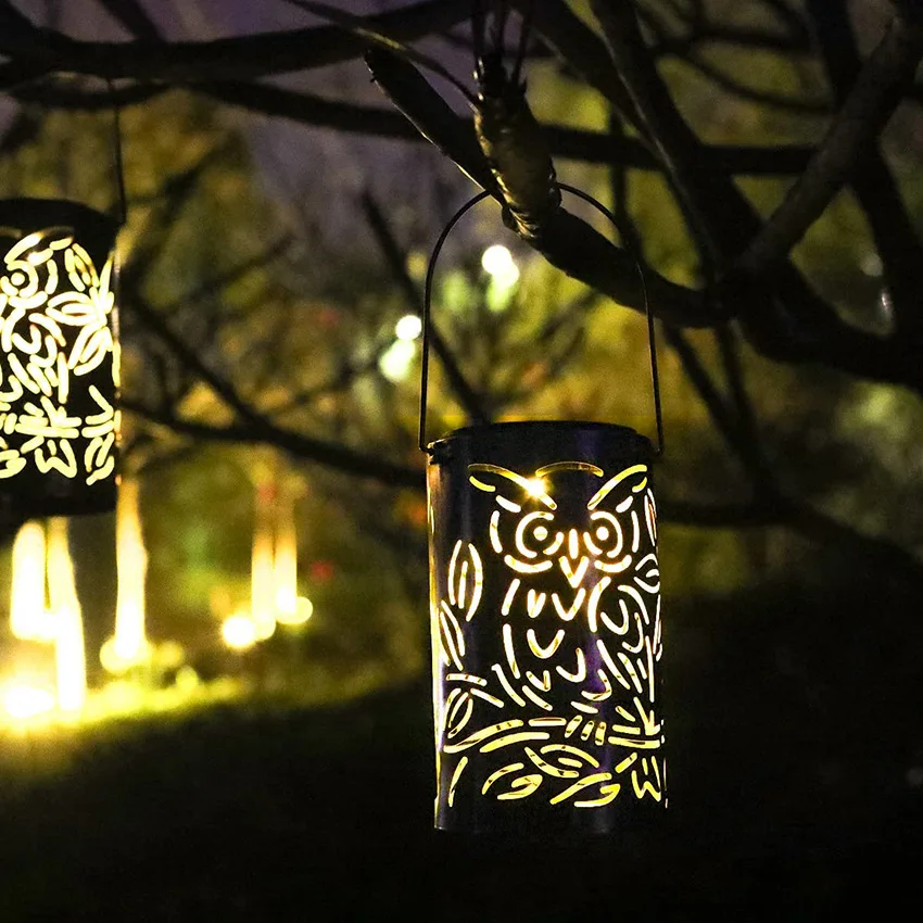 New Hot Sale Stock Iron Solar Owl Lamp Patio Cylindrical Led Outdoor Waterproof Hollow Night Lamp Landscape Lights
