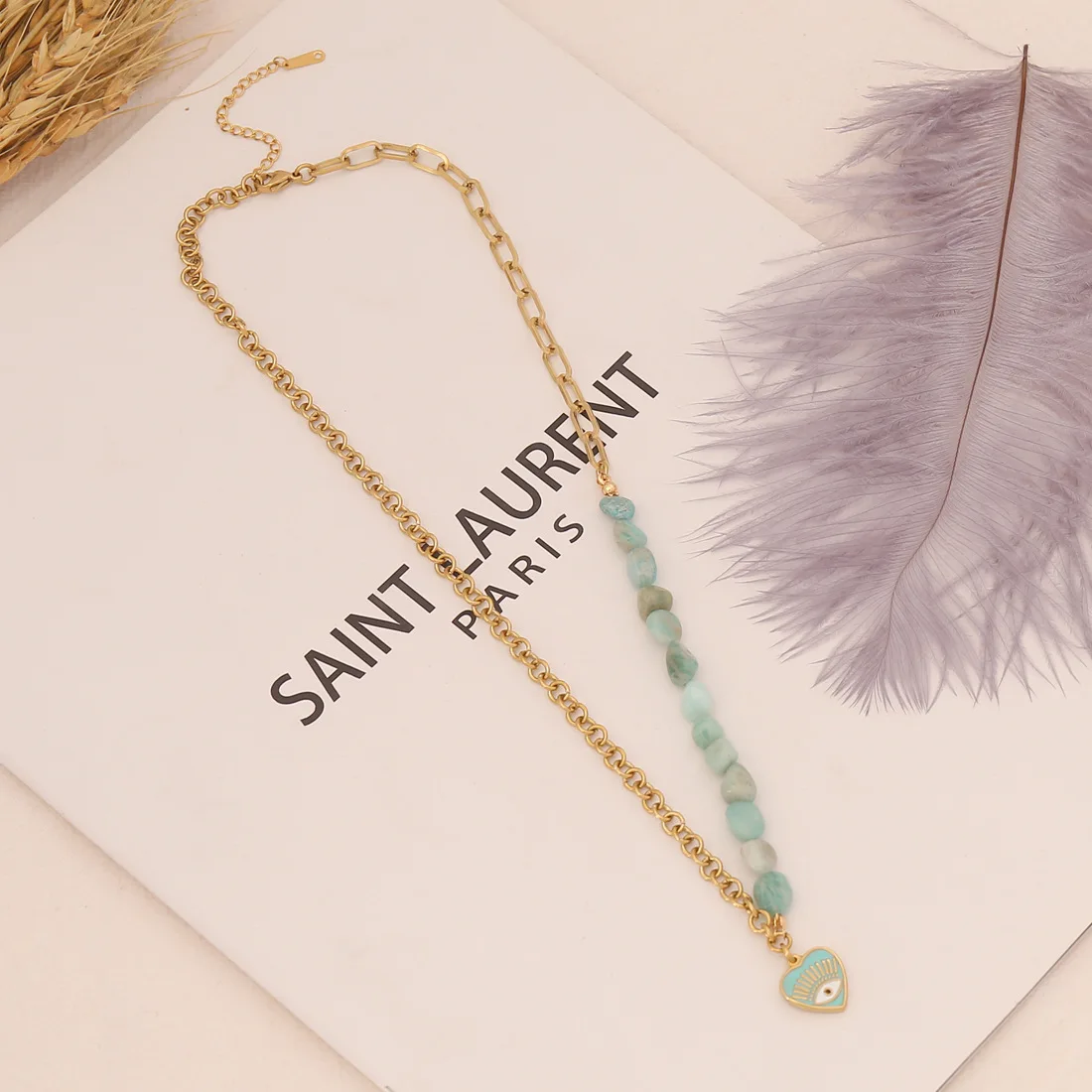 Ins Hot 14k Gold Plated heart Pendant Necklaces Stainless Steel irregular amazonite healing stone Necklace bracelet Jewelry set