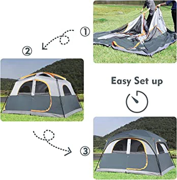 2022 6 Person Waterproof and Windproof Easy Setup, Double Layer Family Camping Tent with 1 Mesh Door and 5 Large Mesh Windows