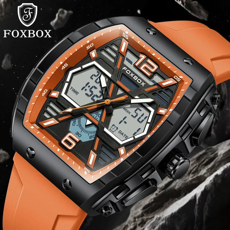 FOXBOX FB0048 Square Style Watches for Men Luxury Sport Chronograph Waterproof Quartz Big Dial Dual Display Male Watch