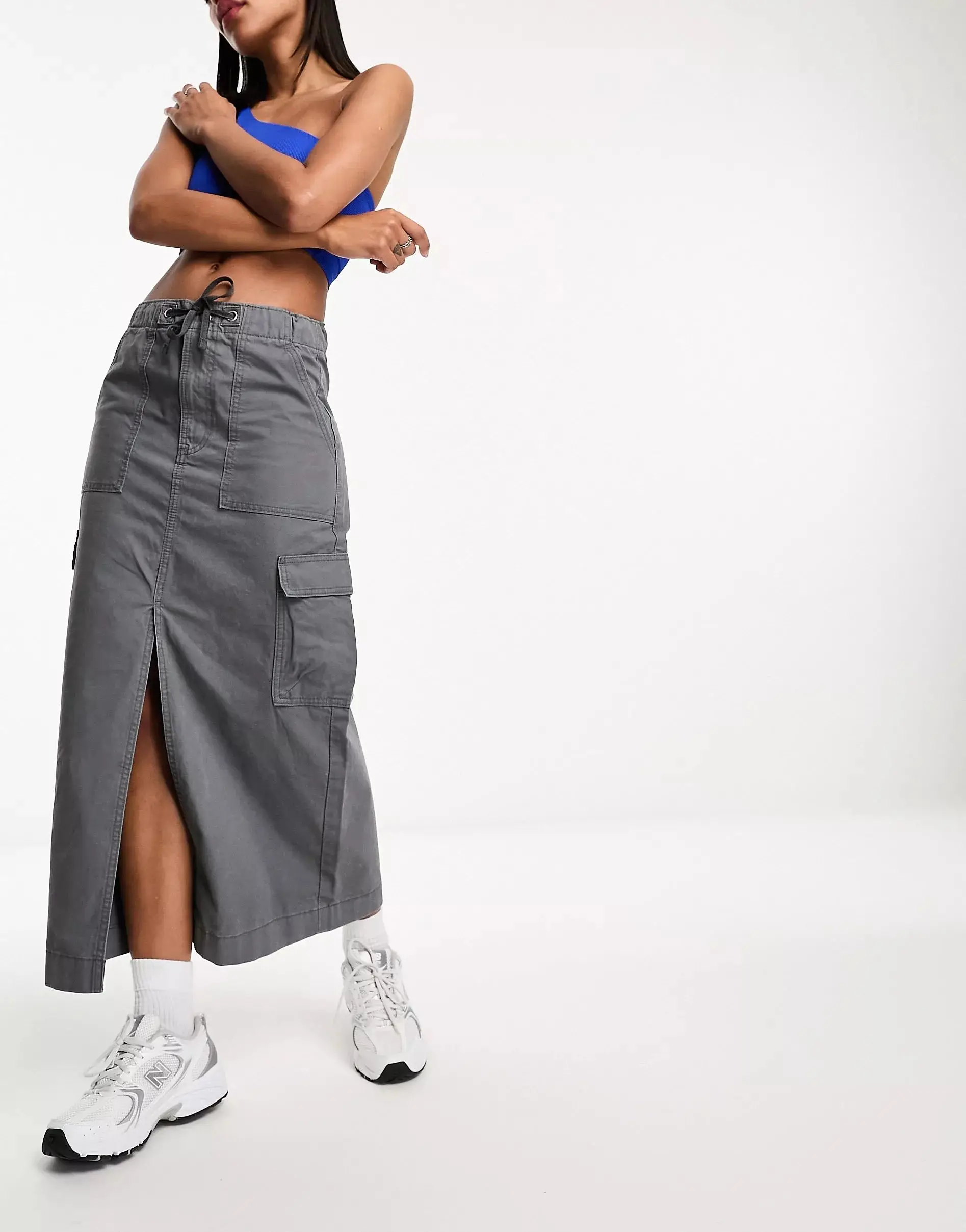 High Quality Women Solid Color Loose Slit Vintage Maxi Cargo Skirt With Pockets Elastic Waist Skirt Women Clothing Skirt