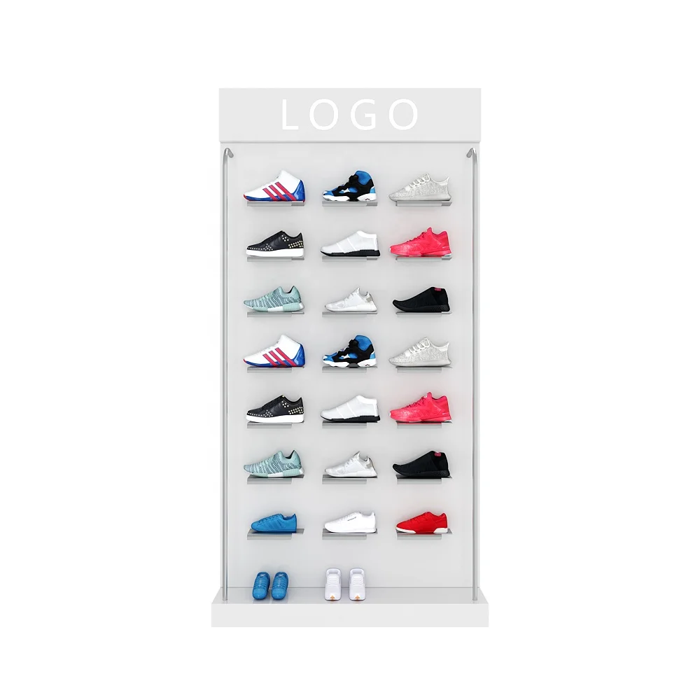 Sport brand logo shop fixture case design metal paint white rack shoe store wall display for retail shop