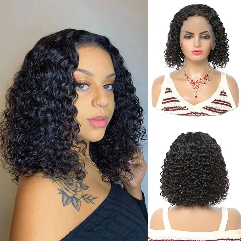 Fuxin Short Bob Wigs Human Hair Lace Front Water Wave Peruvian Transparent Lace Frontal Wigs 150% Density Short Black Bob Wig