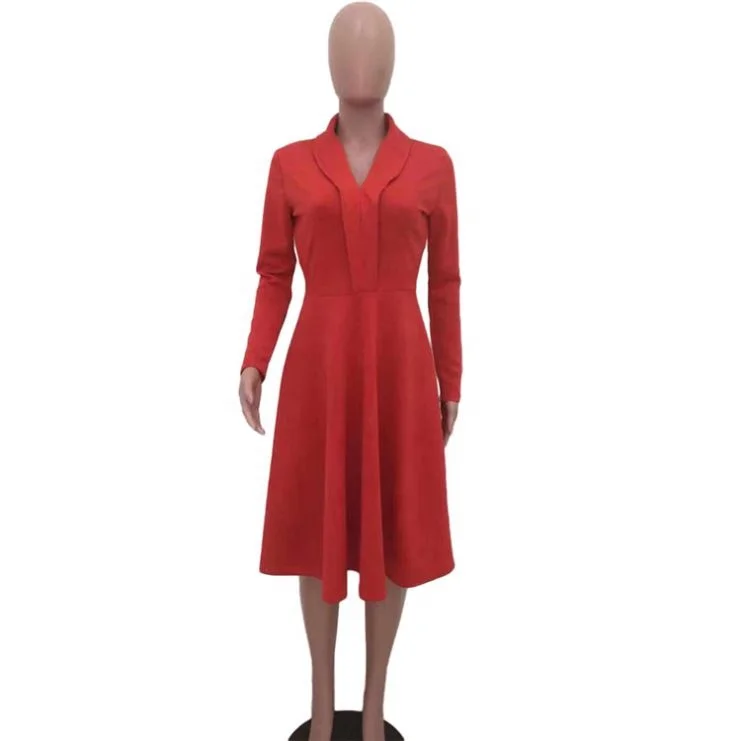 Fashion long sleeve solid color dark v neck pleated dress ladies office wear designs 819-0006