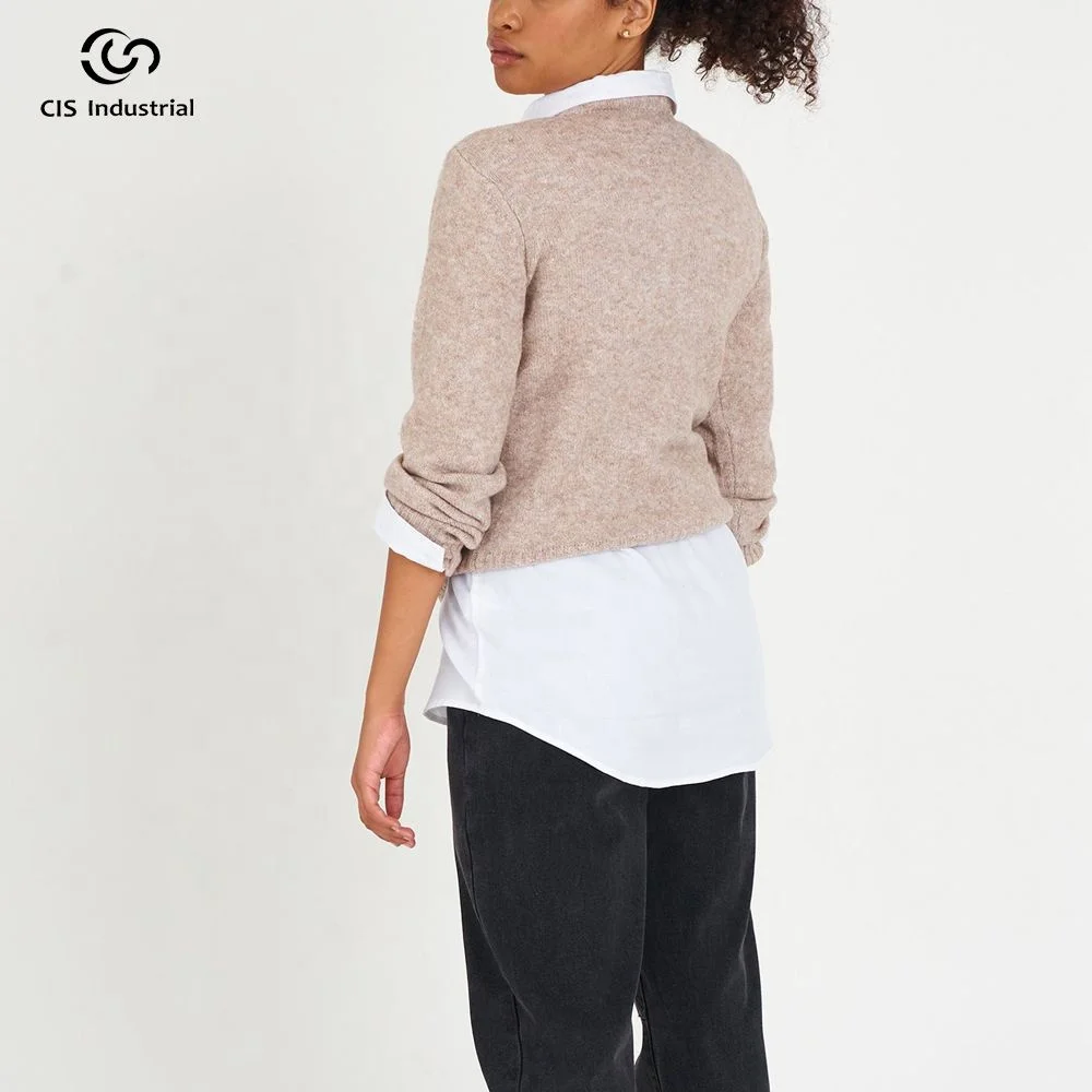 Custom jacquard casual ladies knitted sweater pullover round neck cotton poly core spun yarn loose knitwear