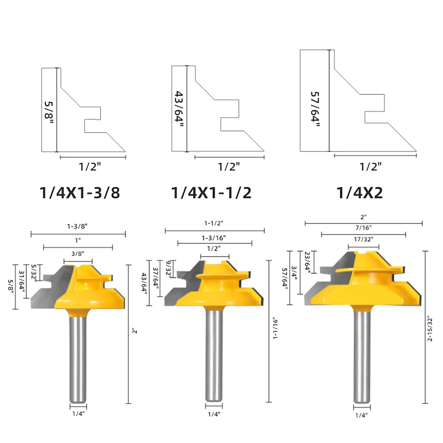 PEXMIENTAS 3pcs 1/4 inch solid carbide 45 degree lock miter router bit glue joint cnc router bits for woodworking
