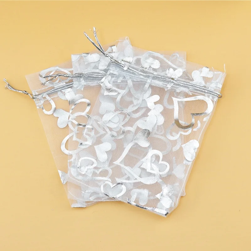 Wholesale 100pcs/lot White Organza Bag 7x9cm Silver Heart Print Wedding Jewelry Organizer Packaging Bags Pouches Nice Gift Bags