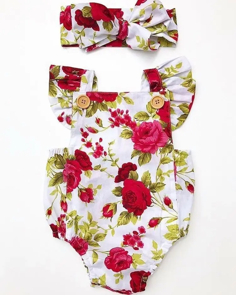 Cute Floral Romper 2pcs Baby Girls Clothes Jumpsuit Romper+Headband 0-24M Age Infant Toddler Newborn Outfits Set Hot Sale