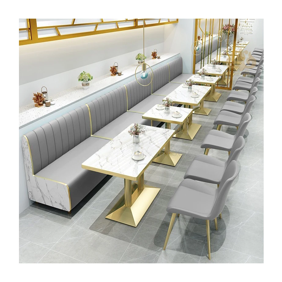 Wholesale Modern Restaurant Furniture Sets Cafe Fast Food Booth Seating Sofa Golden Metal Dining Tables and Chairs Set