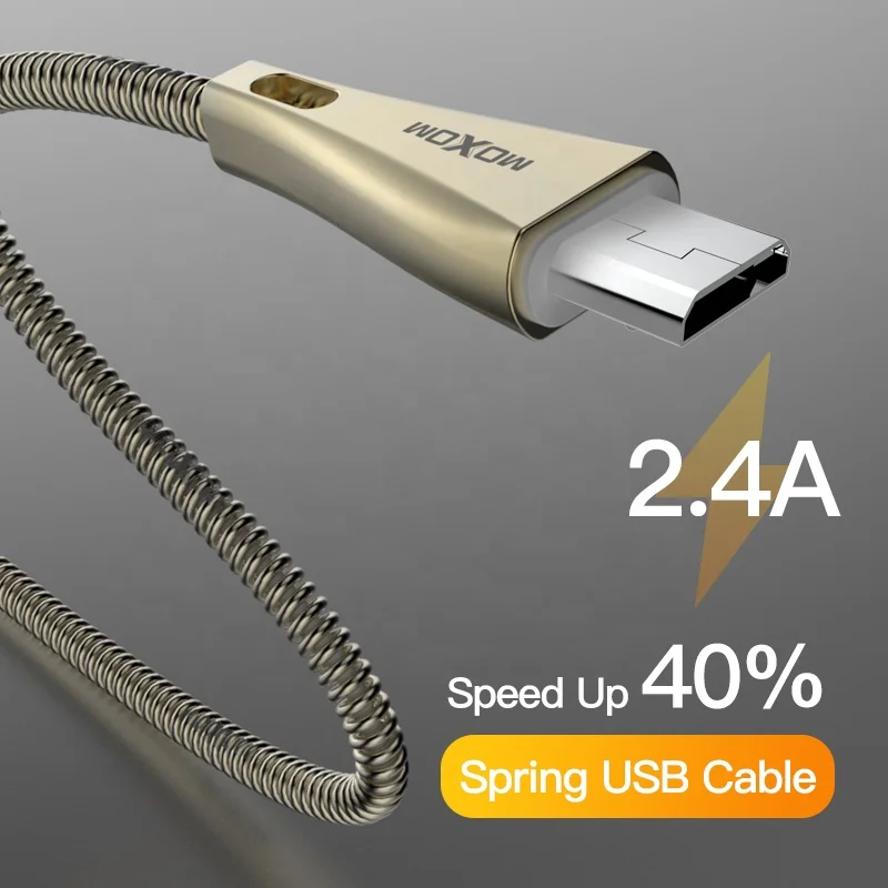 2.4A Spring USB Cable MOXOM CC31 Charging Cable 100cm Silver Zinc Alloy Micro USB C Phone Cable for iphone