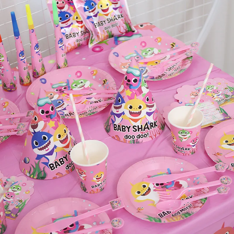 Набор для детской вечеринки в виде розовой акулы с героями мультфильмов, украшения на день рождения