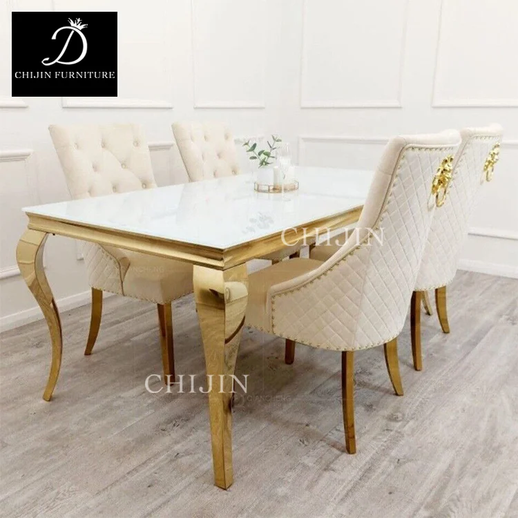 Modern Light Luxury Kitchen Table Set 6 Chairs Stainless Steel Base Glass Wooden Dining Furniture Restaurant Wedding Living Room