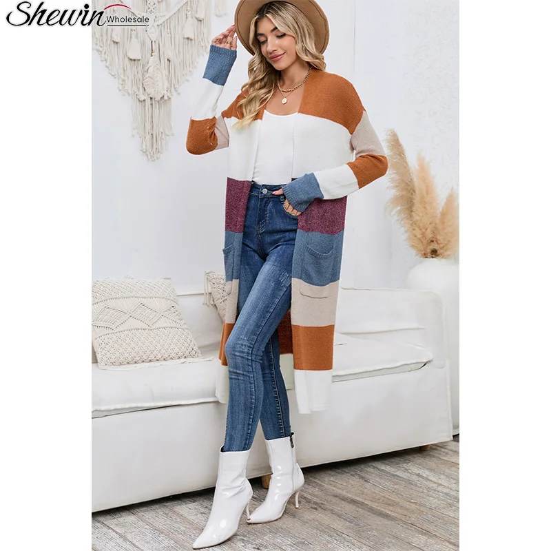 Shewin Wholesale Acrylic Colorblock Open Front Knit Fall Long Sweater Cardigan Women