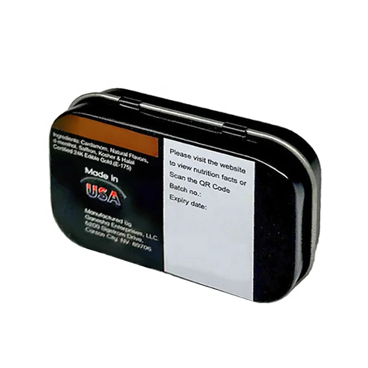 Oral lozenge mints chewing gum health supplement hinged flip lid small metal tin box with plastic inner lid