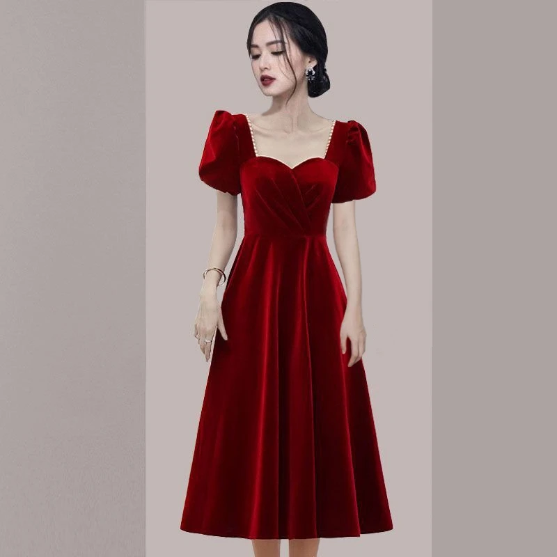 Droma wholesale in stock custom made french style fashion long sleeve velvet evening dresses women velvet dress