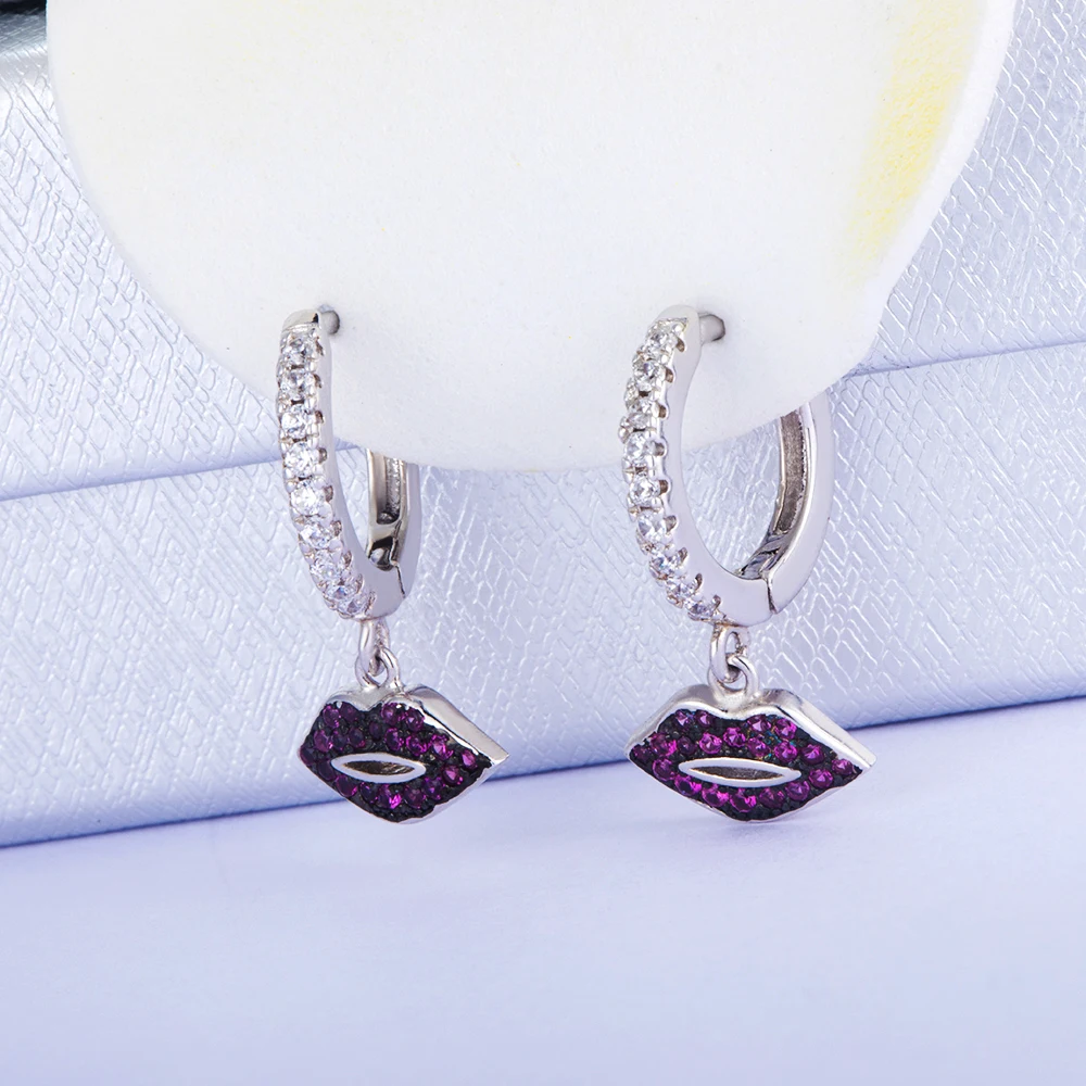  fancy sterling silver 925 big lip dangle rhinestones hoops