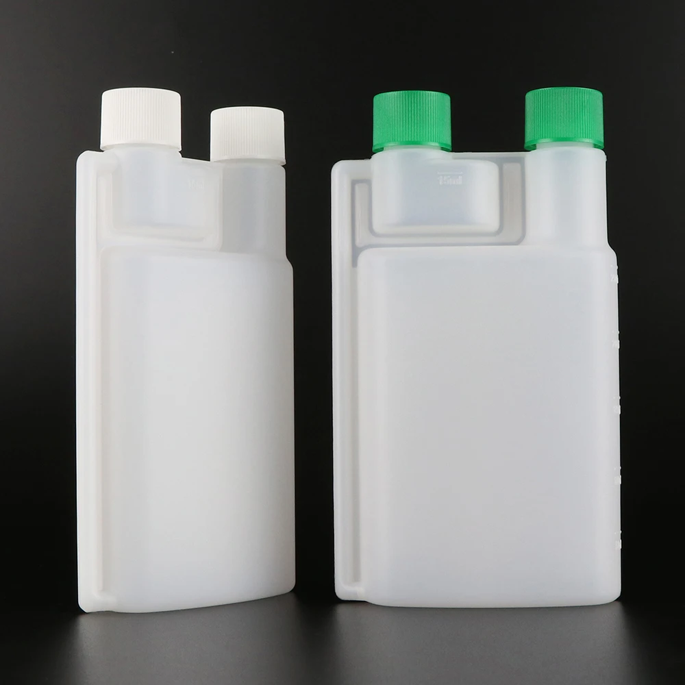 Childproof Twin Dispenser Containers Packaging Empty HDPE 250 ml 8 oz Chemical Plastic Double Neck engine oil additive bottle