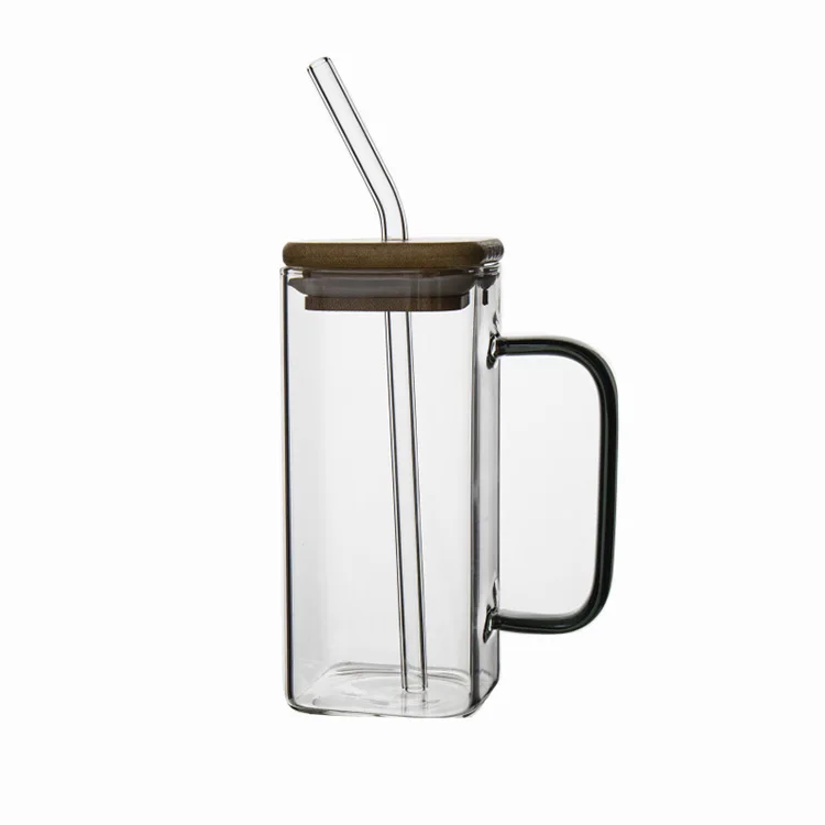 Square high borosilicate glass cup for milk and juice with handle and straw