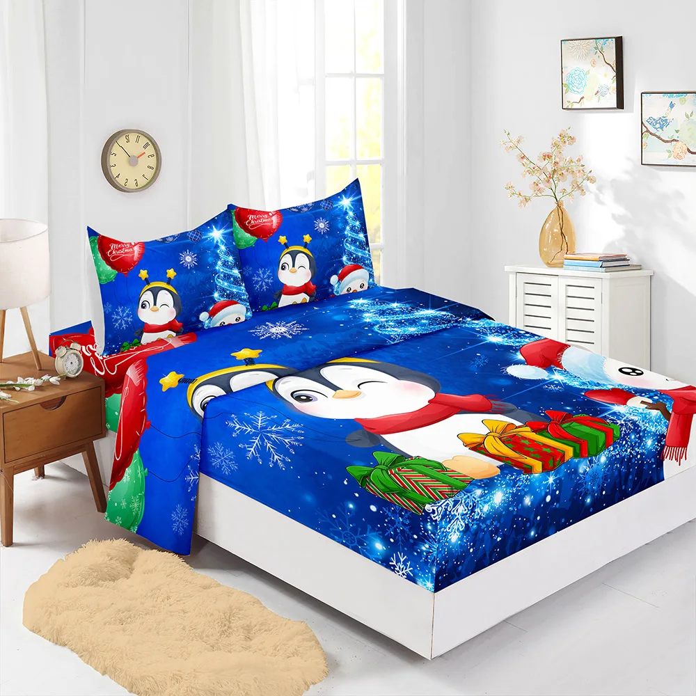 Wholesale Festival Christmas Tree Deer Santa Claus Party Fitted Sheet Set