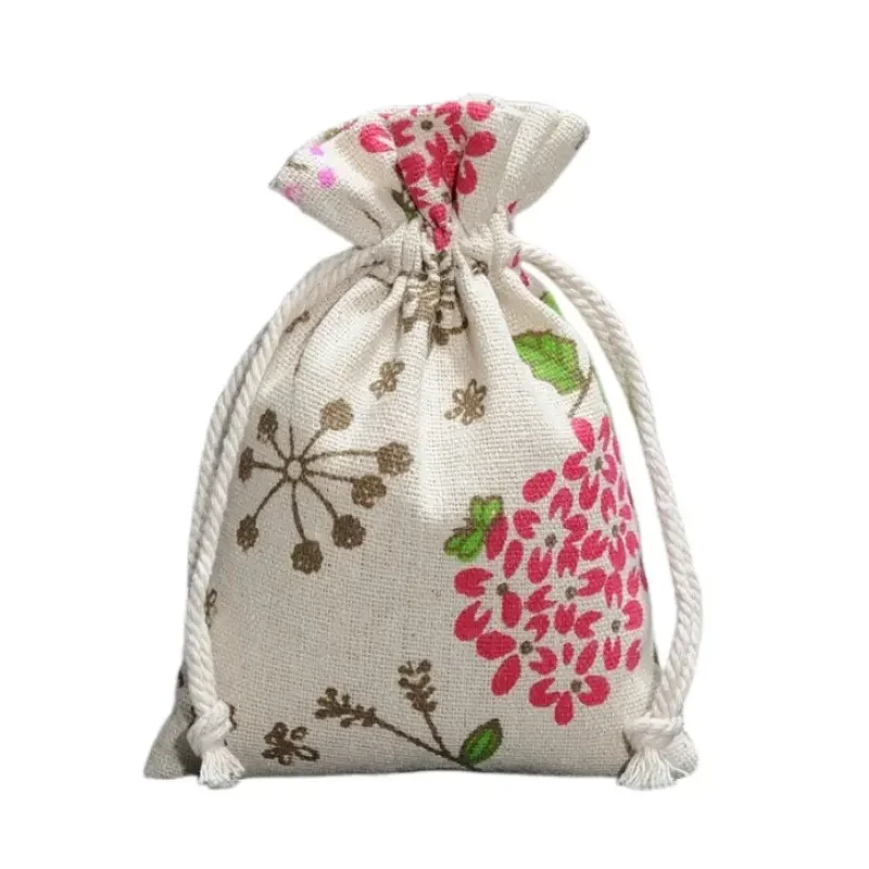 New Design 13*18Cm Silk Printing Eco Material Jewelry Crafts Package Favor Natural Muslin Cotton Linen Gift Packaging Pouch