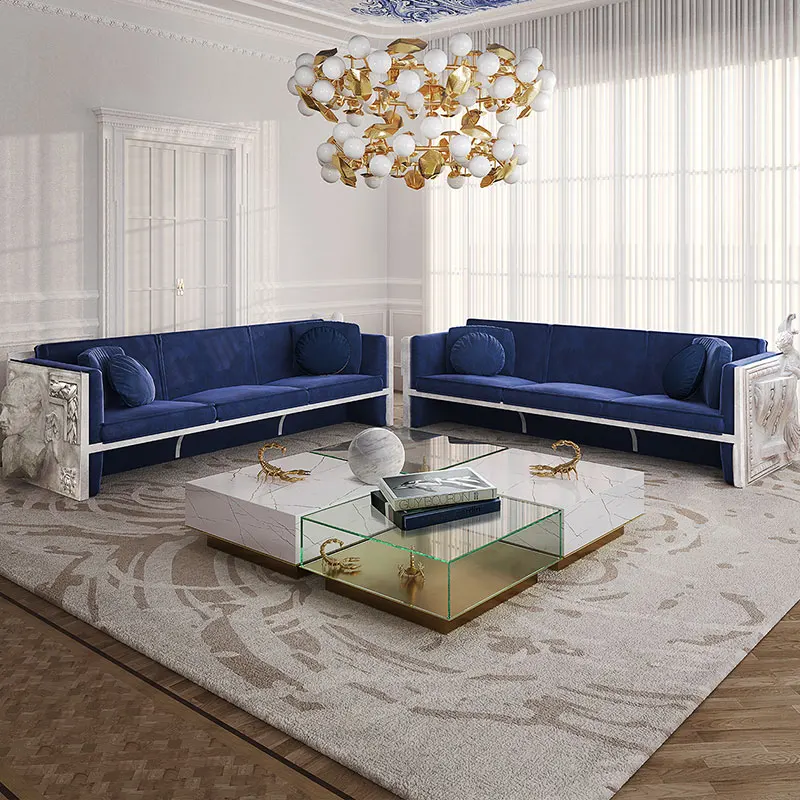 Modern Luxury Modular Coffee Table Set Unique Mirror Glass Box with Noble Marble Metal Center Table