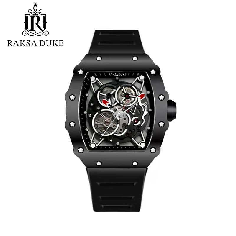 Fashion Sport Watch Rectangle Stainless Steel Case Silicone Strap Mechanical Men Watches