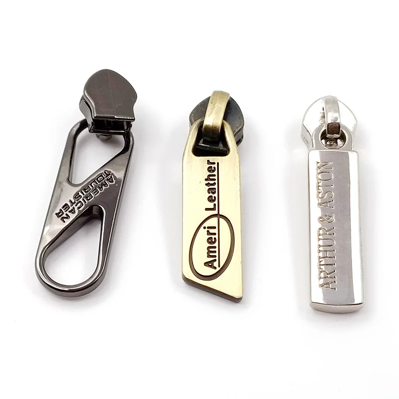 Free Design 3D Embossed Slider Jeans Pullers Handbag Custom Fashion Metal Zipper Tag Pull For Clothes