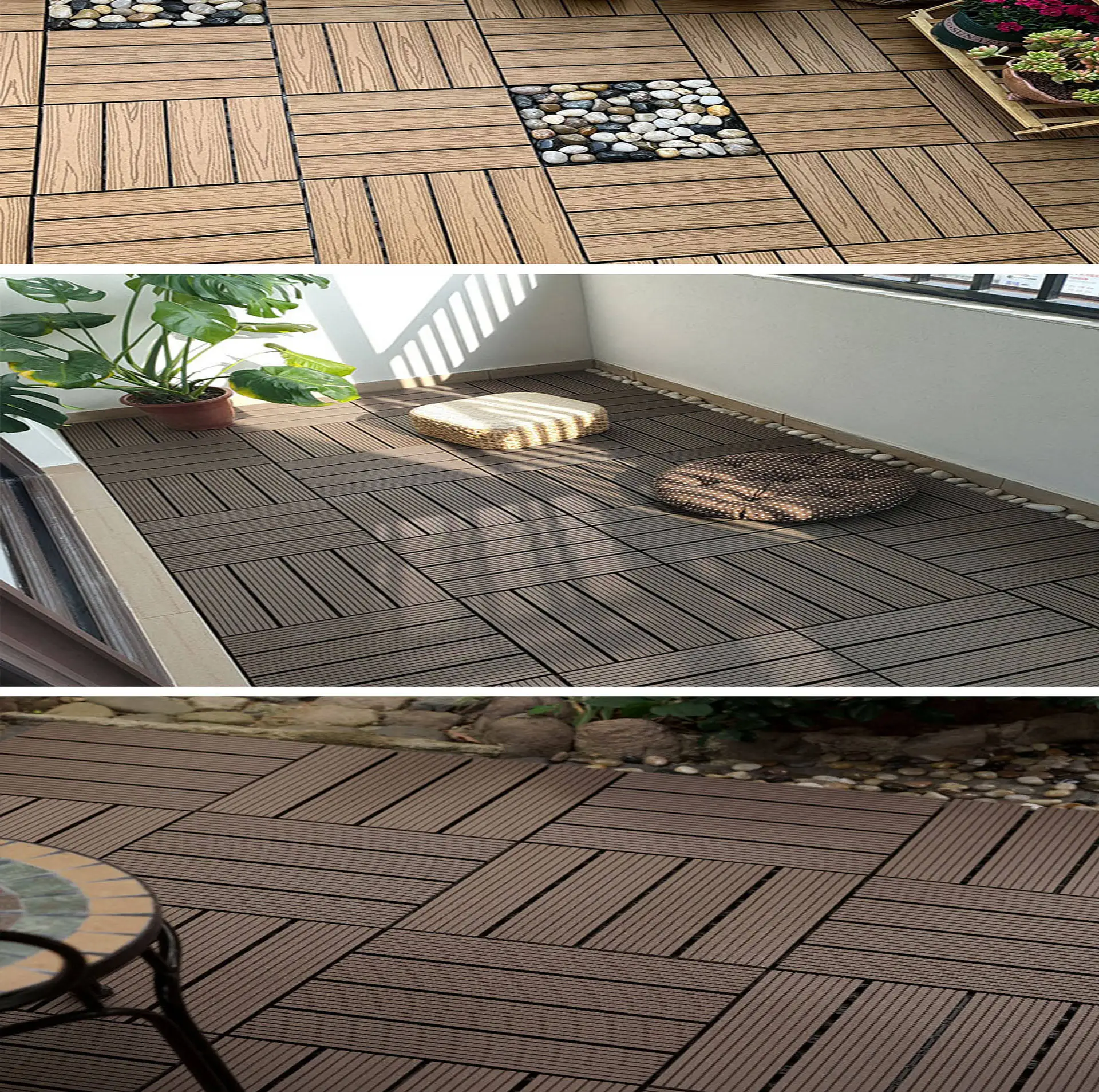 Decking Wood Patio Tiles 8 Slats Decking Tiles Easy Snap Interlocking Floor Tiles for Indoor and Outdoor