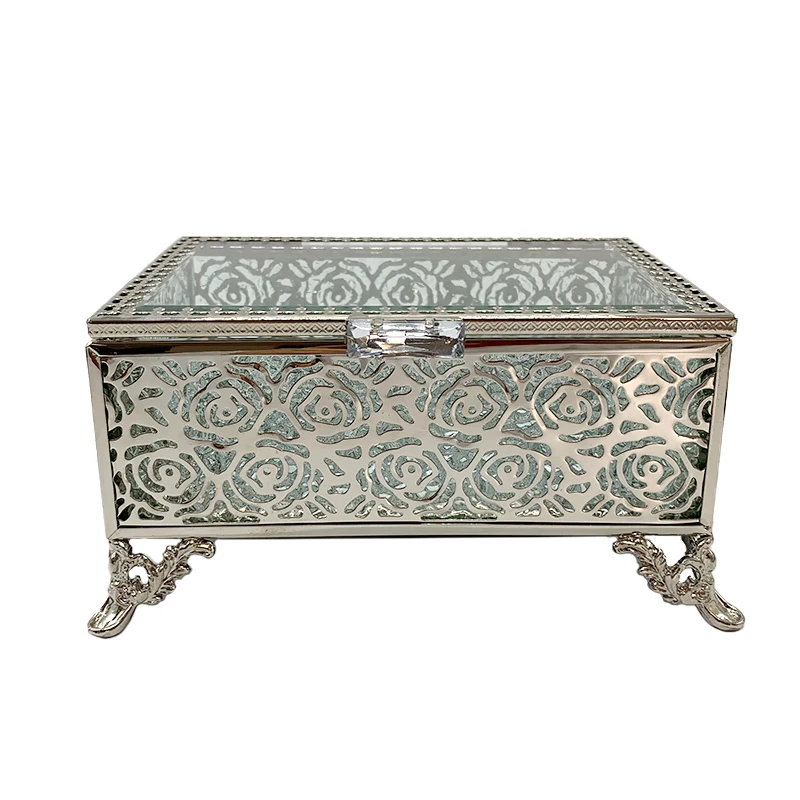 2021 Luxury metal iron crystal rectangle glass trinket jewelry holds box for gift storage