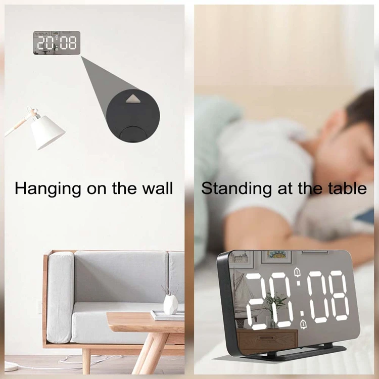 Mirror Surface Digital LED Alarm Clocks With 2 USB Port Electronic Automatic light-sensitive Plastic Clock Bedroom