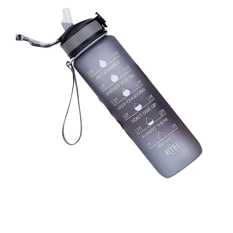 2022 Gym And Outdoor Camping Time Marker 1000ml Sports Motivational Water Bottle Frosted Plastic Water Bottle
