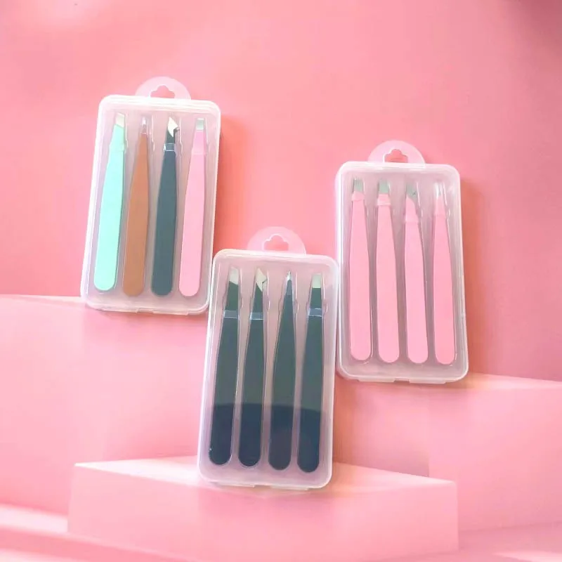 Beauty Customized 4pcs Eyebrow Eyelash Tweezers Set  Black Pink Slanted Pointed Eyelash Eyebrow Tweezers Set with case